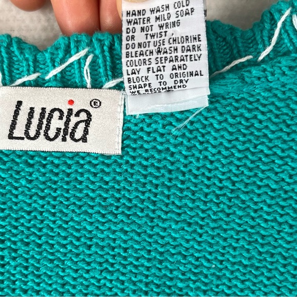 Vintage Sweater XL Lucia Cardigan Teal Green Knit Embroidered Floral Scalloped - Picture 7 of 16